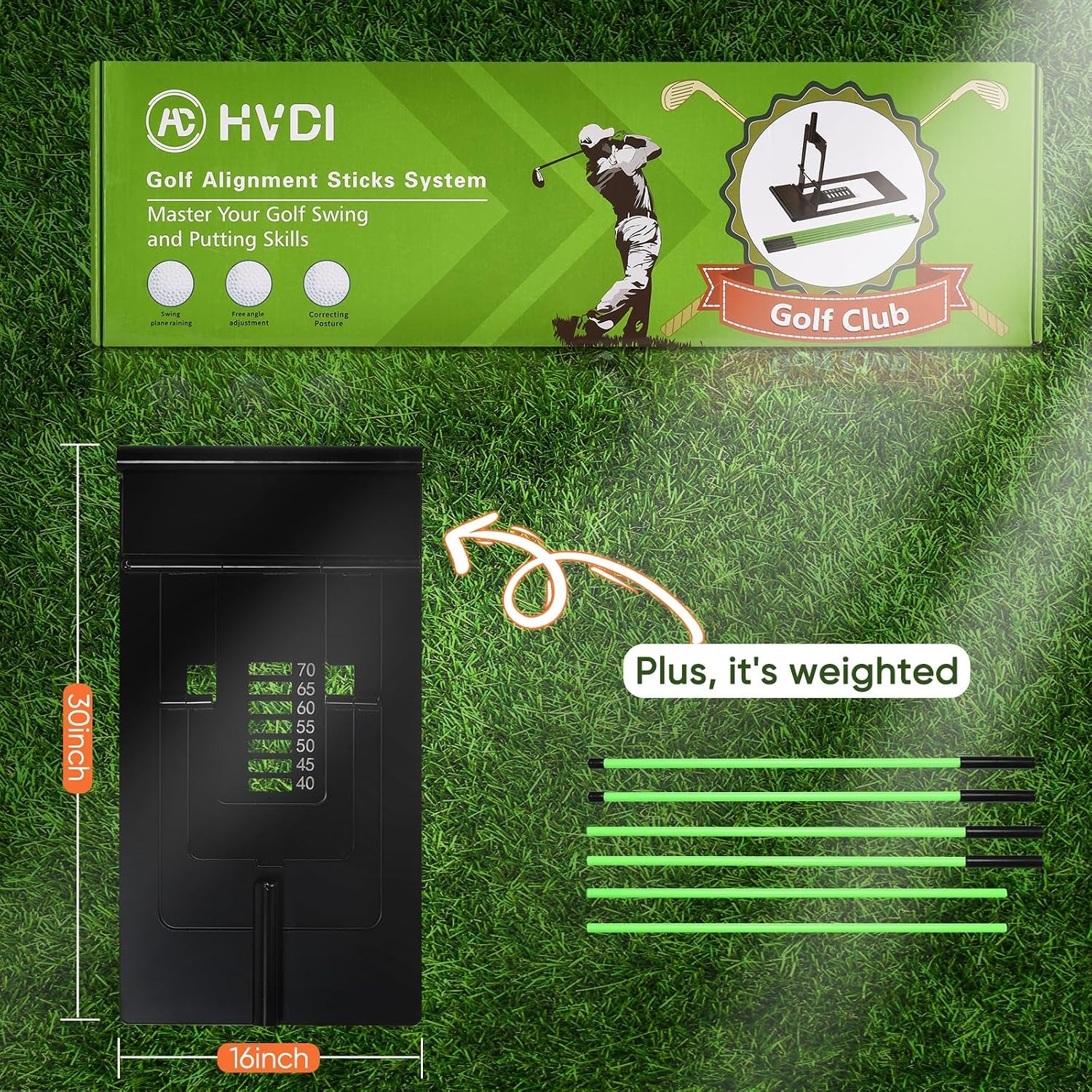 Golf Alignment Sticks Holder with Angle Adjustment, Golf Training Aid with Golf Alignment Stick, Weighted Golf Swing Training Aid Golf Trainer for Putting, Swing, Aiming