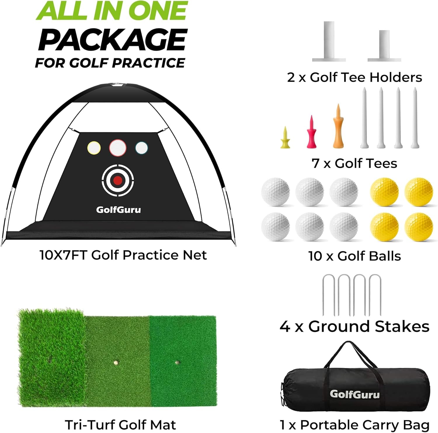 All in 1 Golf Practice Net - 10X7Ft Tri-Turf Mat, Impact Target, 10 Balls, 7 Tees, Carry Bag for Backyard Driving Chipping Indoor