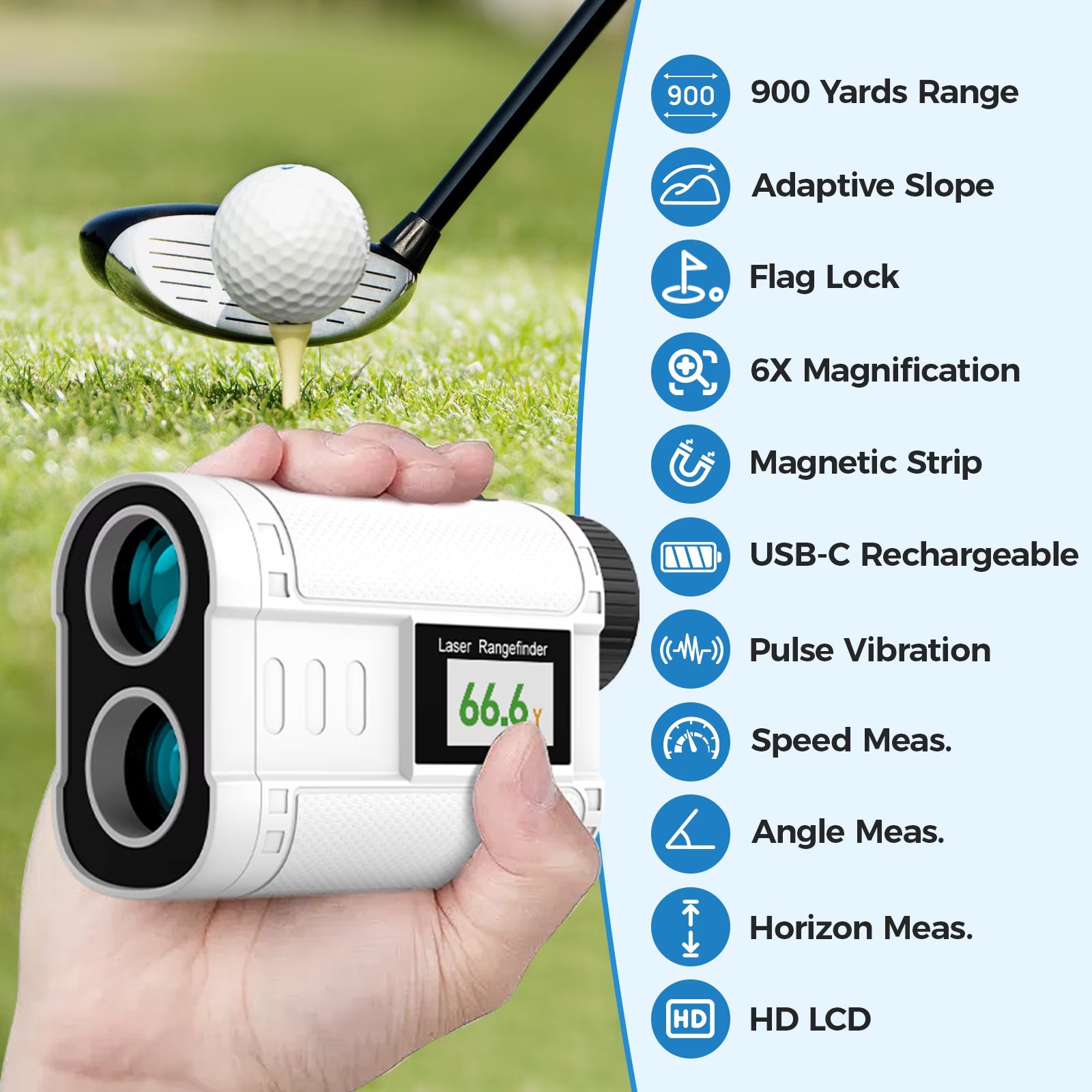 Golf Rangefinder with Slope, 900 Yards Laser Range Finder Golfing, 6X Magnification, Flag Pole Locking Vibration, Rechargeable Range Finders with Magnet Stripe-Ip54 Waterproof Golfing