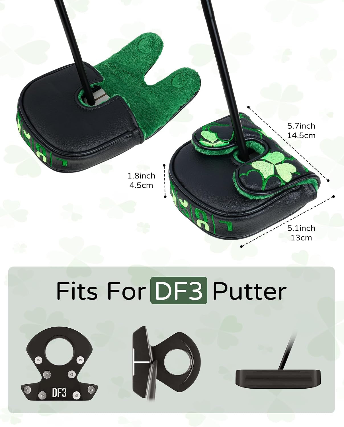 Golf Putter Covers Mallet Putter Headcover Magnetic Closure, Shamrock Putter Cover Headcover Black Leather Mallet Putter Covers for 2 Ball Putter
