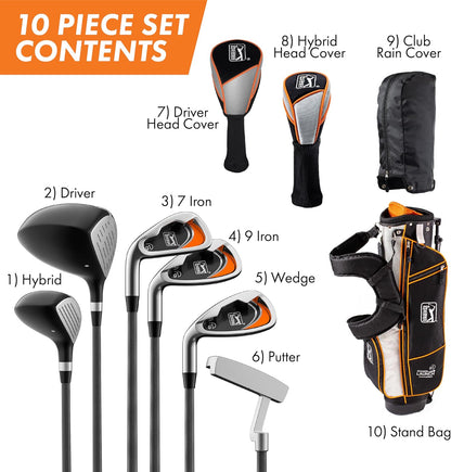PGA Tour Youth Golf Club Set for Ages 8-12 & 12+ (4’8”–5’10”), Right and Left-Handed Kids Golf Sets – Beginner Junior Golf Clubs with Lightweight Stand Bag, Mallet Putter, Hybrid, Driver