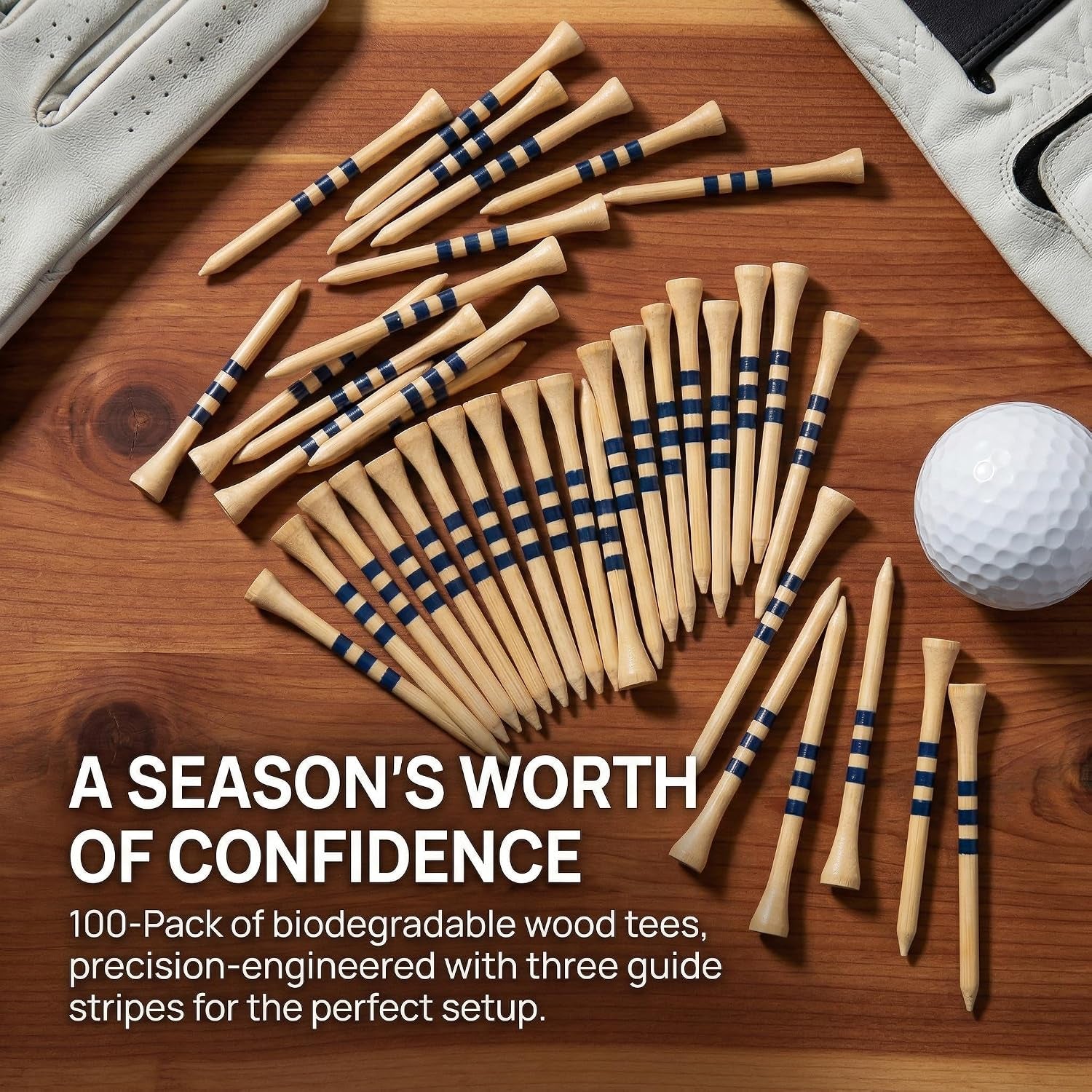 3-1/4 Inch Graduated Wood Golf Tees with 3 Height Mark Lines, 100 Pack Natural Hardwood Durable Golf Ball Tees, Adjustable Height Marking Wood Tees for Men Women Golf Practice & Training