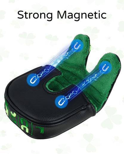 Golf Putter Covers Mallet Putter Headcover Magnetic Closure, Shamrock Putter Cover Headcover Black Leather Mallet Putter Covers for 2 Ball Putter