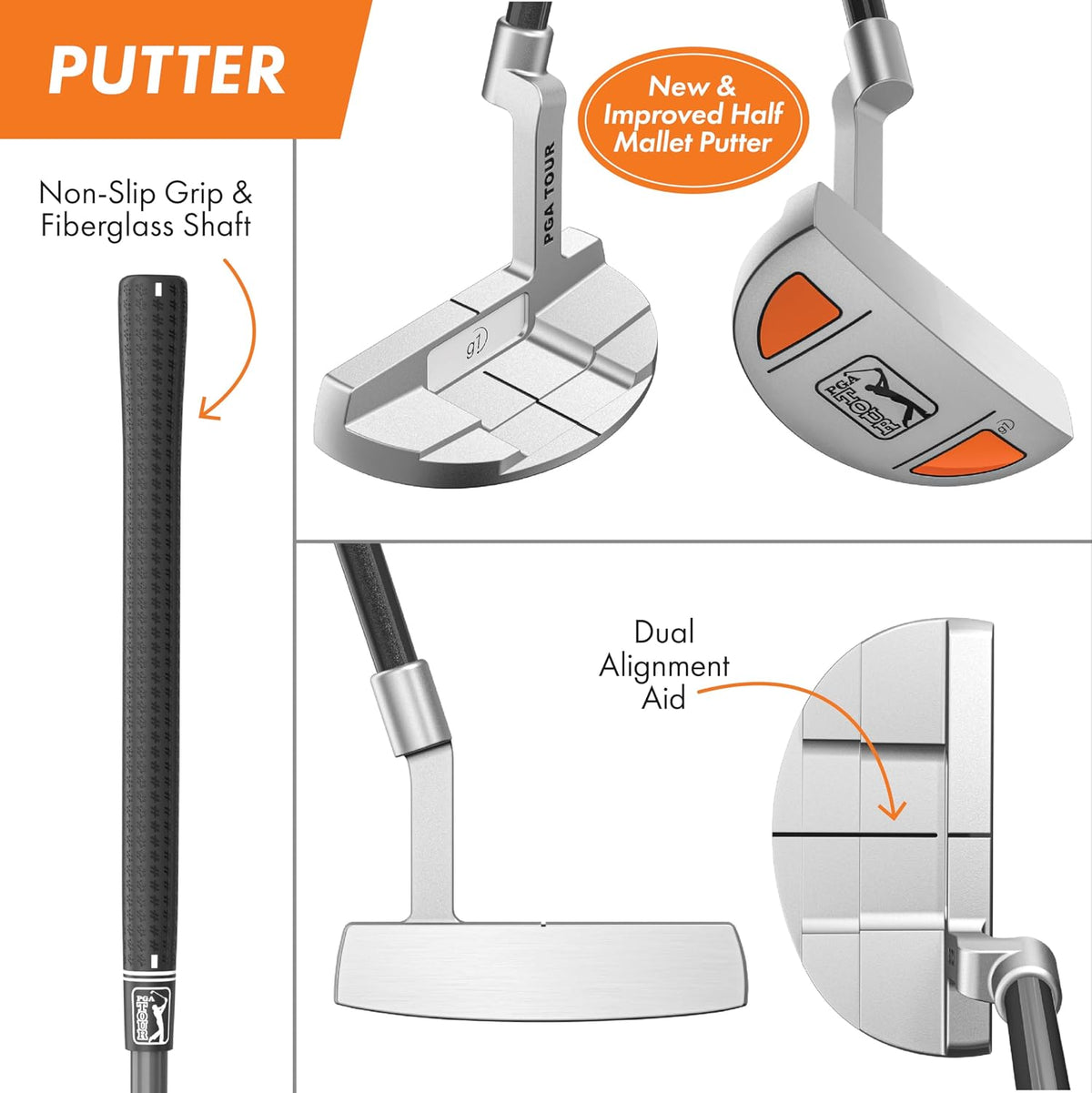 PGA Tour Youth Golf Club Set for Ages 8-12 & 12+ (4’8”–5’10”), Right and Left-Handed Kids Golf Sets – Beginner Junior Golf Clubs with Lightweight Stand Bag, Mallet Putter, Hybrid, Driver