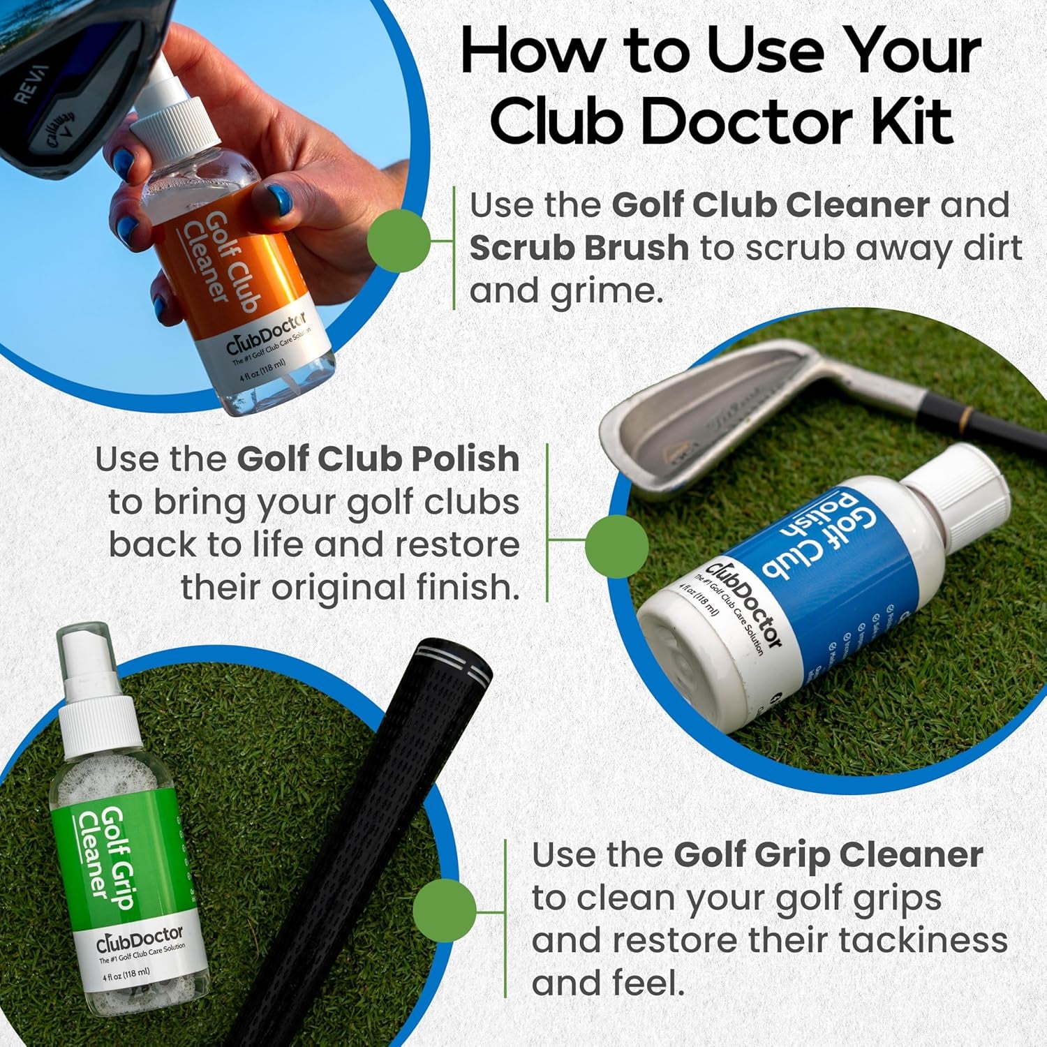 Golf Club Care Kit – Clean, Polish, and Restore Irons, Drivers, Putters – Scratch, Scuff, Rust Remover – Complete Golf Club Maintenance Kit with Grip Cleaner, Club Cleaner, and Polish