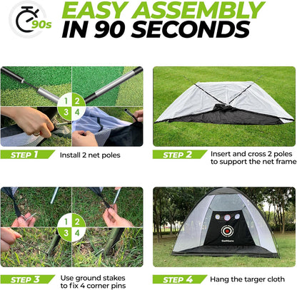 All in 1 Golf Practice Net - 10X7Ft Tri-Turf Mat, Impact Target, 10 Balls, 7 Tees, Carry Bag for Backyard Driving Chipping Indoor