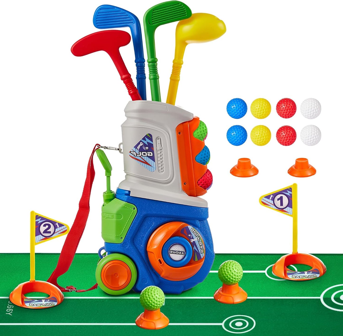 24 Pcs Golf Clubs Set, Golf Toys, Birthday Gift for Boys and Girls | 4 Plastic Golf Clubs and 10 Golf Balls with Cart, Indoor & Outdoor Golf Toy Set, Sports Toys for Boys and Girls, Blue