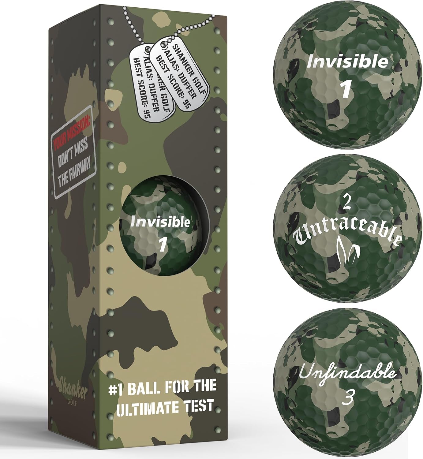 Shanker Camo Golf Balls – Funny Camouflage Prank Gift with Sayings (3-Pack) – the #1 Challenge in Golf – Novelty Gift for Golfers