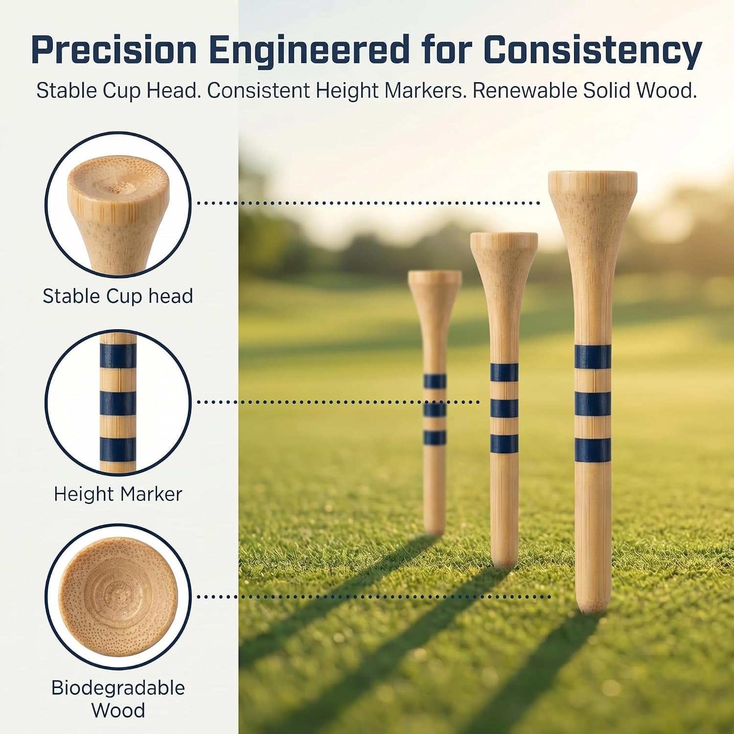 3-1/4 Inch Graduated Wood Golf Tees with 3 Height Mark Lines, 100 Pack Natural Hardwood Durable Golf Ball Tees, Adjustable Height Marking Wood Tees for Men Women Golf Practice & Training