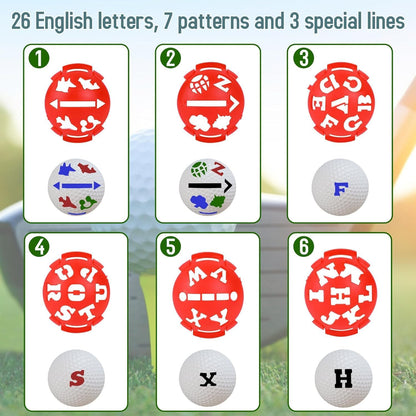 Golf Ball Marker, 6× Letter Stencils Kit, 2× Ball Markers Stencils, 3× Color Line Markers Pens, Golf Ball Marking Alignment Tool Kit