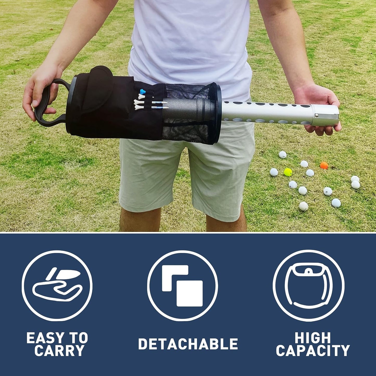 Shag Bag for Golf Balls Golf Ball Retriever, Durable Aluminum Shag Tube Golf Ball Shagger, Detachable Collector and Portable Pocket Storage Picker (Holds 70 Balls)