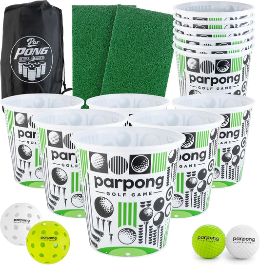 Par Pong Backyard Golf Chipping Game – Outdoor Golf Game with 12 Buckets, 2 Hitting Mats & Golf Balls – for Adults, Tailgating, BBQ, Parties & Gifts for Golfers.
